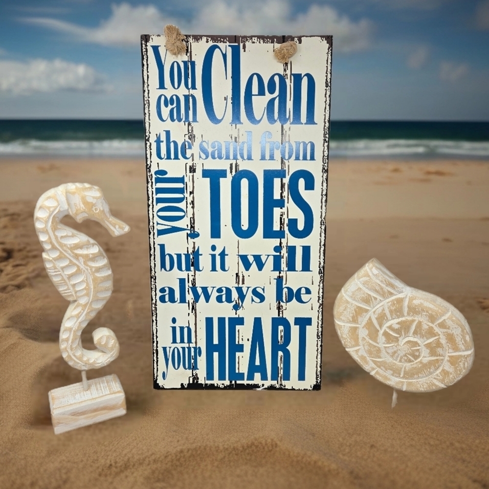 Beach Trio Faux Wood Distressed Sea Shell Sea Horse Ocean Saying White & Blue